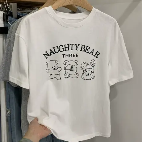 美式小熊字母印花短袖t恤女2025夏季新款休闲宽松打底衫减龄上衣图片