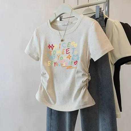 高级感修身短袖t恤女夏季新款彩虹波点正肩圆领短袖褶皱收腰上衣图片