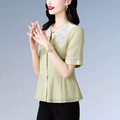 娃娃领上衣女夏装新款褶皱短袖衬衫女夏薄款轻奢高级感大码女装图片
