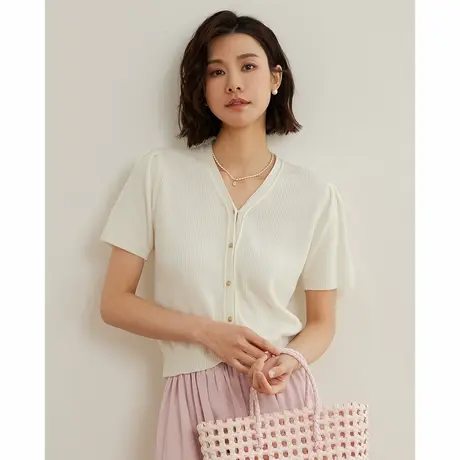 弥古白色针织短袖t恤修身女夏薄款冰丝v领法式泡泡袖收腰上衣短款商品大图