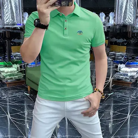时尚男士短袖t恤Polo衫丝光珠地滴胶立体烫钻工艺男装半袖浅绿色图片