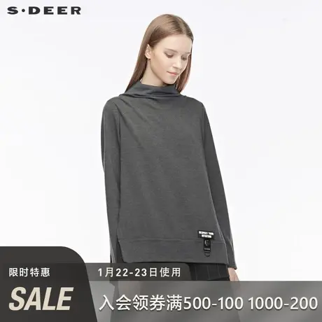 sdeer圣迪奥高领撞色格纹字母贴布开衩拼接长袖上衣S19480222图片