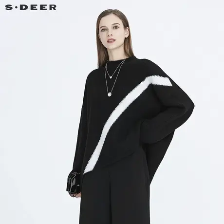 sdeer圣迪奥冬季罗纹圆领撞色针织不规则宽松毛衣女S20463533图片