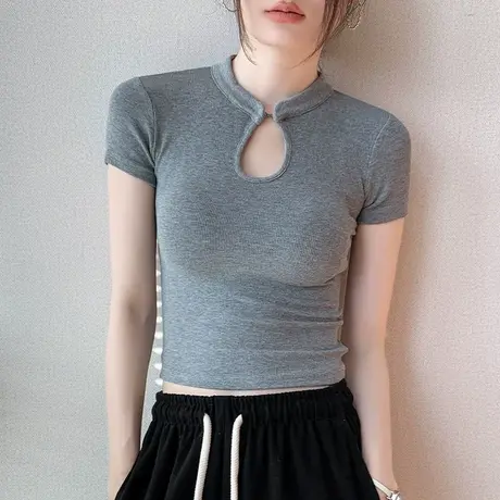 新中式镂空短袖T恤女2024春季新款辣妹设计感露脐短款灰色上衣图片