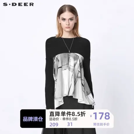 S·DEER圣迪奥女装休秋季新闲圆领钩花晕染拼接长袖毛衣S21383503图片
