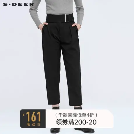 sdeer圣迪奥冬季时尚休闲复古腰带拼接黑色九分裤女S20480833图片