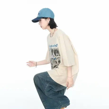 美式复古夏季狗狗印花短袖T恤女2025新款潮酷街头风宽松情侣上衣图片