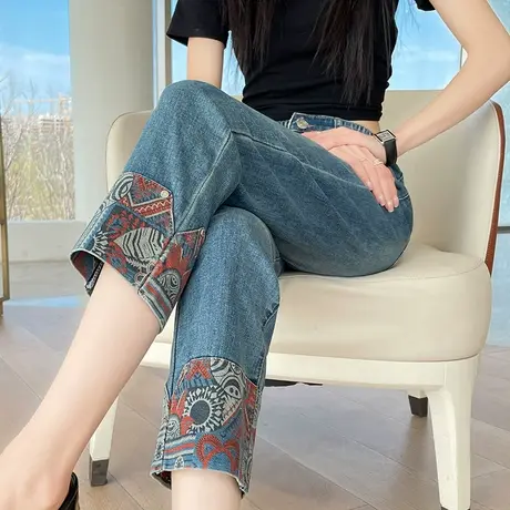 国风烟管牛仔裤女春秋2025新款高腰小个子七分拼接新中式直筒裤潮商品大图