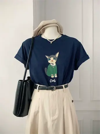 2024夏季新款卡通猫咪印花圆领短袖T恤女韩版宽松休闲元气上衣潮商品大图