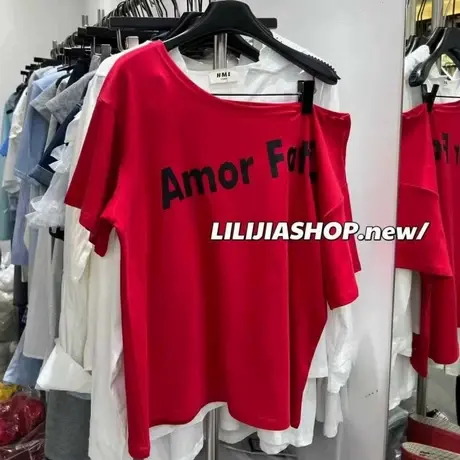 韩国东大门夏季新款时髦字母印花斜肩短袖T恤女宽松百搭露肩上衣商品大图