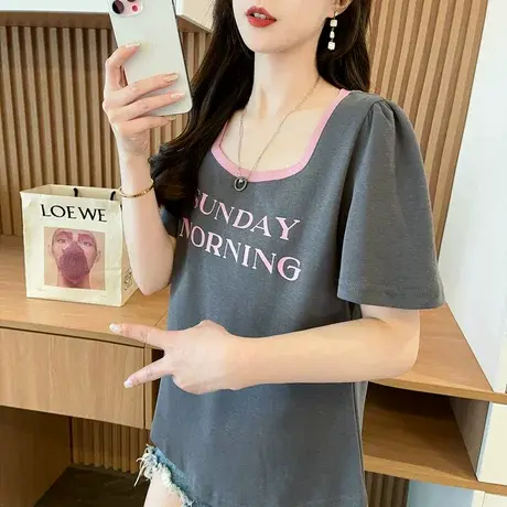 设计感小众方领短袖t恤女2025新款夏季韩版宽松大码正肩U领上衣服图片