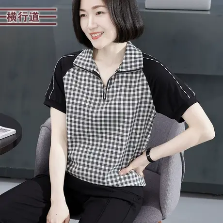 2025夏季新款复古半开领拼接格子宽松短袖T恤小衫女简约休闲上衣图片