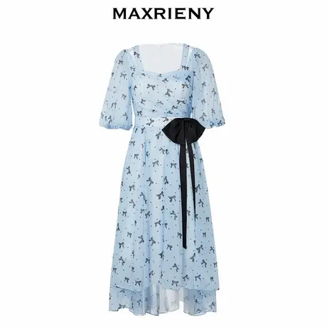 【奥莱】MAXRIENY复古风蝴蝶结波点连衣裙收褶堆叠飘带裙子商品大图