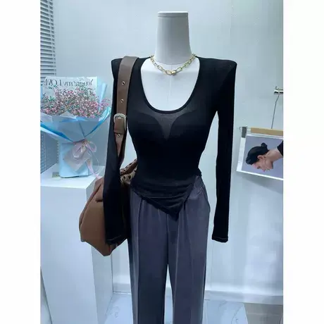 女人味十足~气质紧身性感显身材U领长袖T恤女薄款微透体恤上衣夏图片