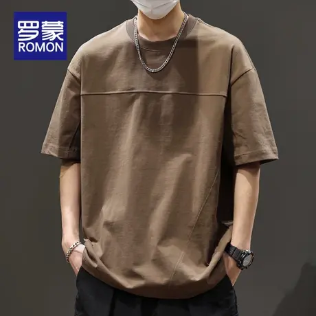 罗蒙短袖T恤男士夏季薄款2025新款宽松圆领纯棉休闲拼接半袖男款图片