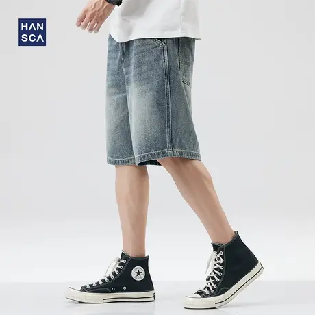 hansca美式复古牛仔短裤男款夏季潮牌大码宽松直筒休闲水洗五分裤商品大图