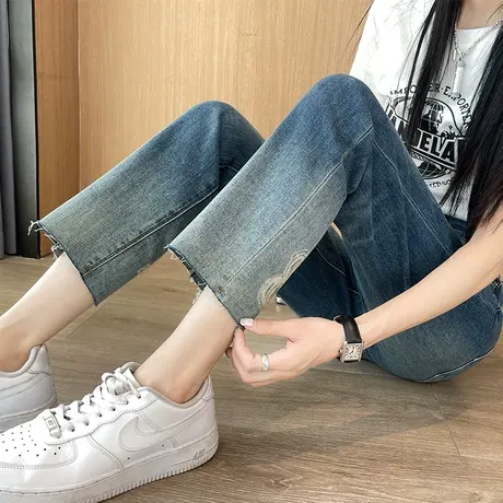 渐变印花高腰直筒牛仔裤女宽松春夏拼接显瘦小个子八九分烟管裤子商品大图