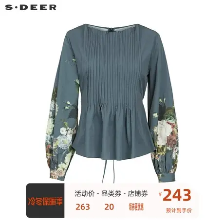 sdeer圣迪奥风琴褶收腰印花泡泡袖衬衫S233Z0522📛商品大图