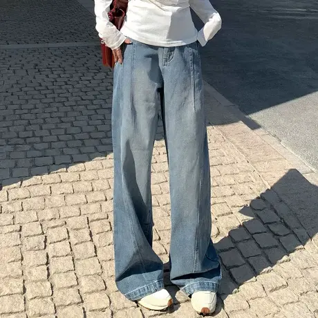 尔给牛仔裤显瘦拖长裤高腰阔腿春新款直筒阔腿长裤商品大图