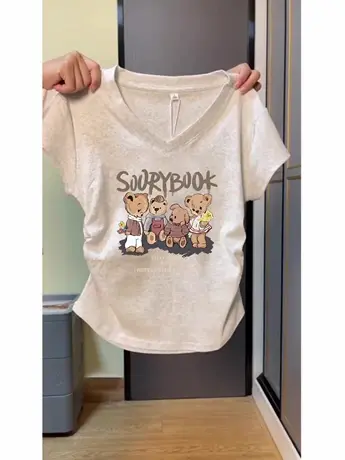 盐系穿搭夏季胖mm高级感V领女士T恤2024新款小个子短款短袖上衣潮图片