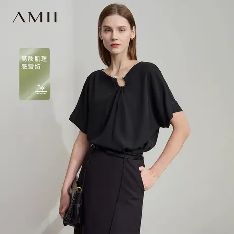 Amii2025夏新款不规则领异形金属装饰连袖收褶雪纺衫女宽松上衣商品大图