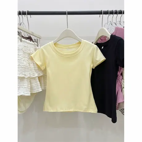 纯色简约风短袖T恤女夏天小个子短款修身外穿内搭打底衫半袖上衣图片