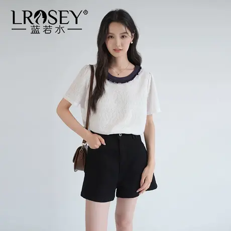 蓝若水大码女装2025夏季新品撞色木耳边领衬衫胖MM气质提花蕾丝衫商品大图