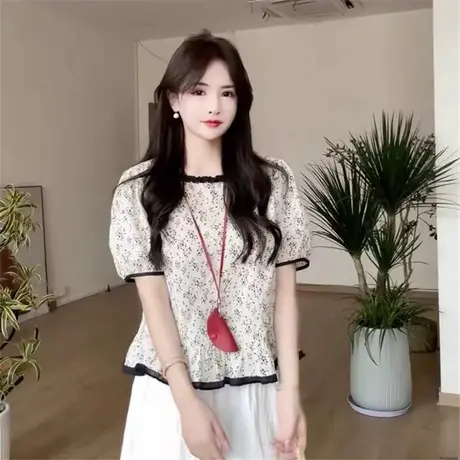 撞色法式碎花短袖衬衫女上衣2025夏季新款泡泡袖减龄漂亮显瘦小衫商品大图