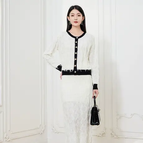 希区瑞普复古法式流苏温柔风气质长袖宽松显瘦针织衫半身裙套装商品大图