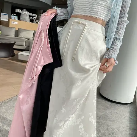 新中式国风提花半身裙女夏季薄款米白色缎面盘扣中长款a字伞裙潮商品大图