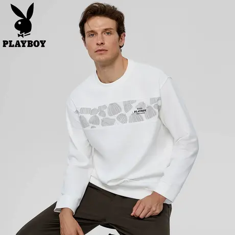 【官方正品】花花公子新款套头圆领卫衣男士黑白色百搭上衣春季款图片