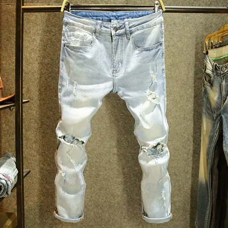 九分乞丐裤男夏季浅色潮牌破洞牛仔裤男街头痞帅刮烂修身小脚裤薄图片