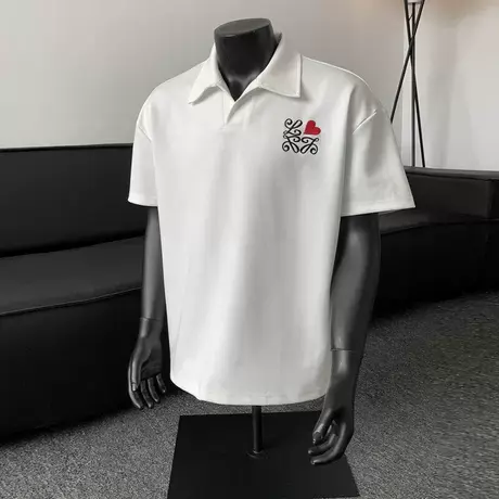 爱心刺绣重磅polo衫短袖男夏季美式复古正肩t恤痞帅宽松翻领上衣图片