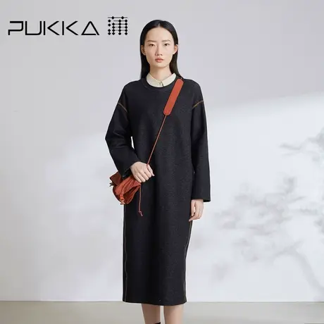 蒲PUKKA 定制色织斜纹针织连衣裙女秋冬H型长款休闲裙商品大图