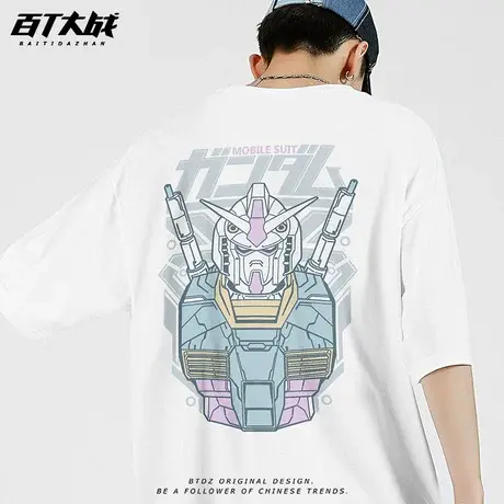 百T大战原创设计系列日系短袖男半袖高达联名款美式休闲全棉t恤衫商品大图