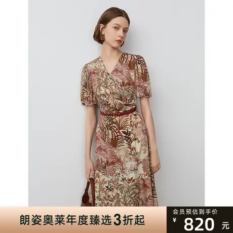 朗姿纯棉女装商场同款新款印花时尚连衣裙子女2023夏收腰中长款裙商品大图