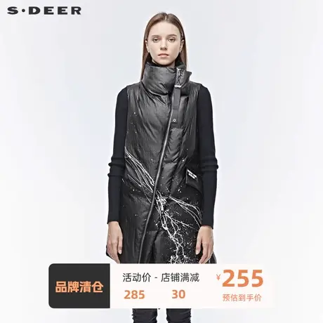 sdeer圣迪奥休闲高领字母涂鸦圆环斜襟开衩羽绒背心S19481601图片