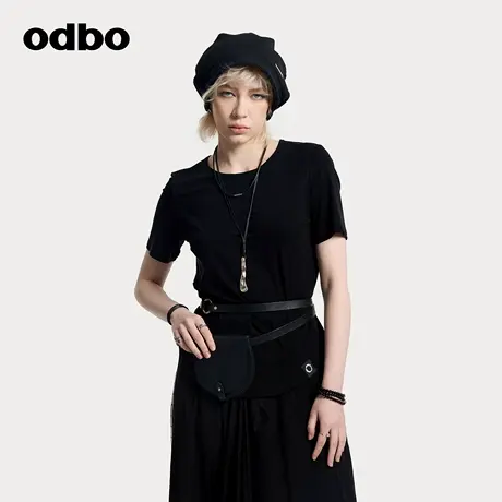 odbo/欧迪比欧短袖女士t恤2025新款夏宽松黑色上衣设计感小众圆领图片