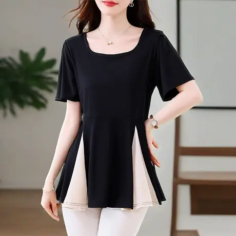 高级感撞色中长款短袖t恤女2025夏季新款大码胖MM遮肚显瘦女上衣商品大图