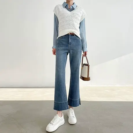 复古水洗九分喇叭牛仔裤女春秋新款高腰显瘦八分小个子直筒微喇裤商品大图