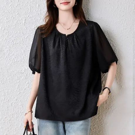 雪纺衫女短袖夏季新款加肥加大码女装宽松中年妈妈民族风显瘦小衫图片