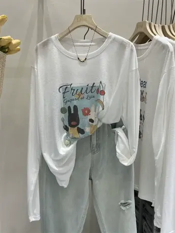 甜妹轻薄冰感天丝棉T恤女2024夏季薄款宽松卡通长袖雪花棉防晒衣图片