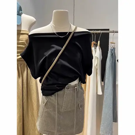 黑色高级感一字肩半袖T恤女夏季韩版修身显瘦甜辣妹褶皱短袖上衣图片