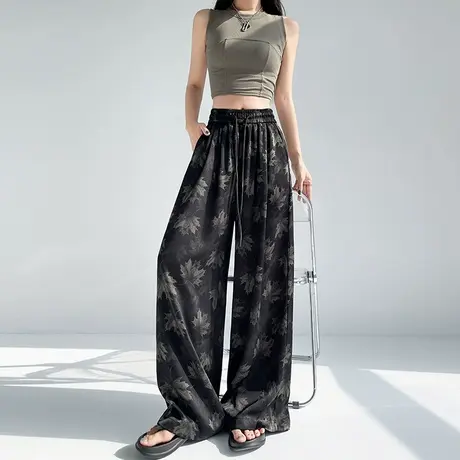 新中式醋酸缎面冰丝阔腿裤女夏季薄款印花枫叶宽松抗皱防晒休闲裤商品大图