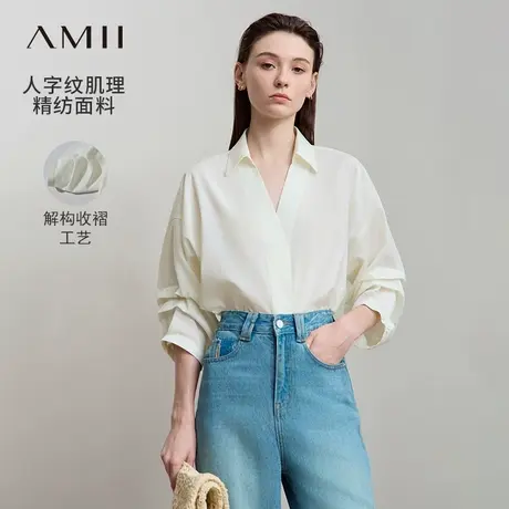 Amii2025夏新款通勤V领翻领收褶七分袖衬衫女宽松衬衣棉质上衣图片