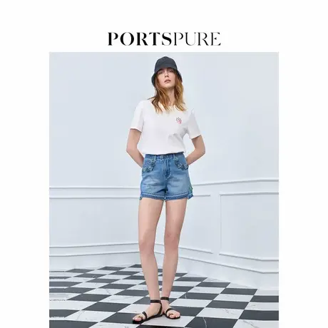 宝姿PORTSPURE女装2025夏季新品淡人设计感可拆卸立体花牛仔短裤商品大图