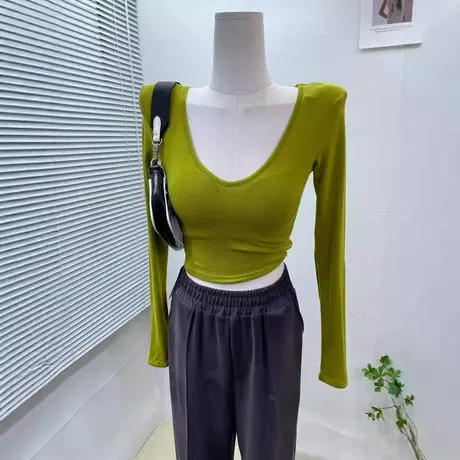 颜色狠好看~修身百搭v领长袖t恤女短款弹力紧身内搭打底衫上衣秋商品大图