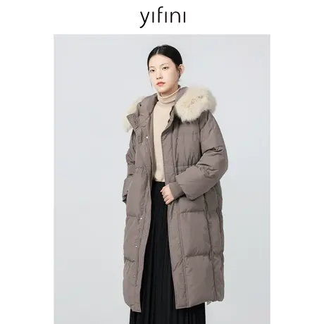 Yifini/易菲高领连帽狐狸毛白鹅绒中长款保暖羽绒服冬季新款商品大图