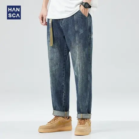 hansca纯棉破洞牛仔裤男大码夏季潮牌拼接复古高街锥形直筒长裤子商品大图