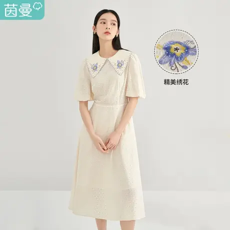 【商场同款】茵曼纯棉连衣裙女2023春季新款披肩领泡泡袖提花裙子商品大图